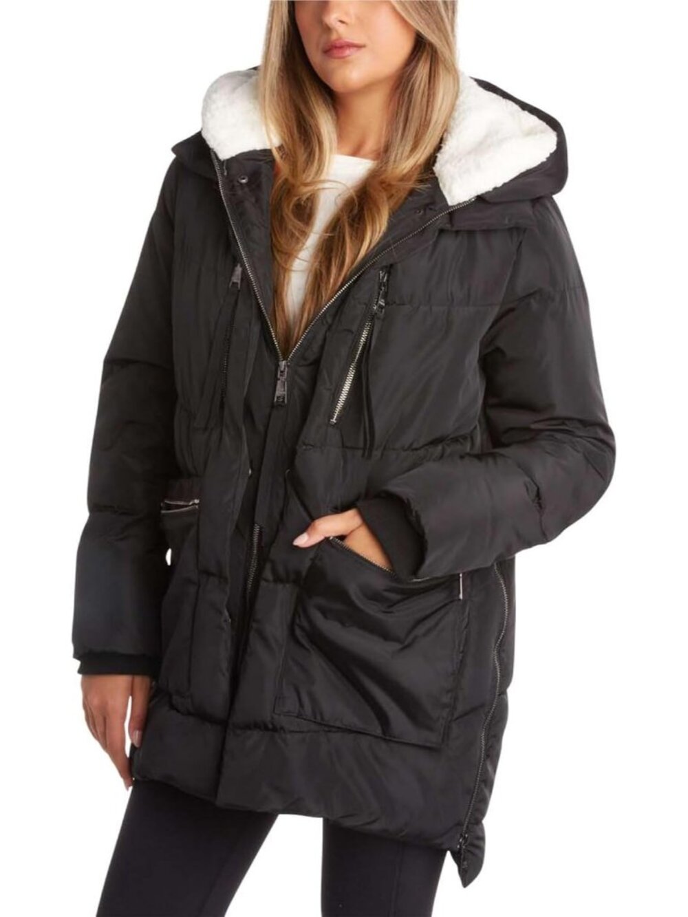Steve Madden Women's Black Cozy Faux Sherpa Hood Mid Length Puffer Jackets
